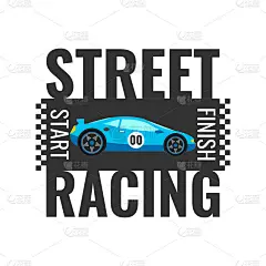 街道赛车俱乐部的标志，标志，图标，海报，横幅的概念设计。蓝色跑车在路上。矢量图