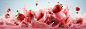 I want an image to be used as a label for an ice cream product. In this image, strawberry-flavored ice cream covers the entire floor like a sea, with small pieces of strawberries appearing in between, a dynamic image that evokes the feeling of an action s