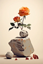 the stone with roses is standing on a table, in the style of minimalist pop, dan matutina, naturalistic light and shadow, eclectic curatorial style, light orange and light gray, topographic photography, valentine penrose