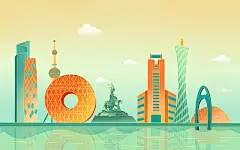 彩色卡通手绘国潮风羊城广州城市风光背景原创插画海报城市建筑广州