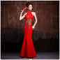 红色新娘礼服2015夏中国风修身旗袍连衣裙改良复古长款挂脖旗袍-淘宝网