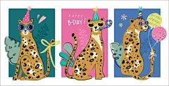 卡通动物矢量 | 图源免费EPS文件 |一组有趣派对豹子的生日贺卡套装