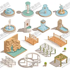 水池喷泉与木桥凉亭等距插画 【酷图网】水池喷泉,木桥,凉亭,等距插画,等距图标,立体插画,图标设计,图标元素,卡通插画,手绘插画,插画设计,矢量元素,元素设计
