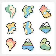 白色背景上的一套不同风格地图图标，保持卡通插画风格，线条圆润简洁，色彩明快柔和，采用不同的配色方案，每个图标都有独特的地图元素，如河流、湖泊、山脉等，整体设计统一且富有变化，适合用于UI设计或信息图表。