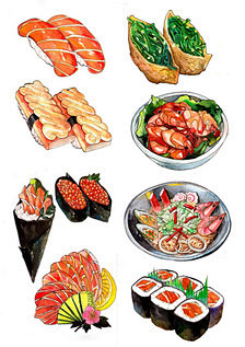 手绘水彩 美食食物 好多寿司~