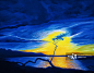 Blue Sunset at Anaeho'omalu, Hawaii, Big Island, Blue and yellow sunset sky, Single tree branch silhouetted (Acrylic and oil painting)._创意图片