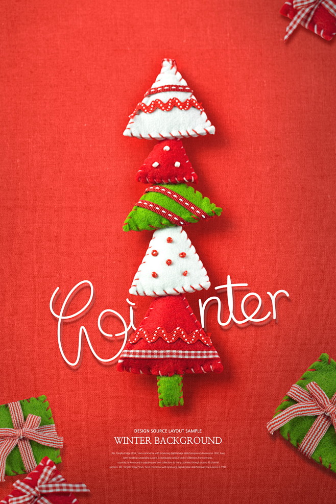 红色棉布 创意手工 缝纫松树 圣诞海报设...