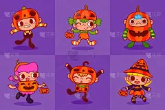 孩子们穿着万圣节南瓜服装