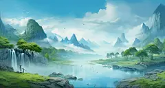 唯美古风山水插画碧绿色古代场景桌面壁纸写实古风背景