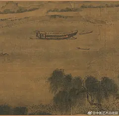                                                                                                                         #山水画#【 南宋 马麟 《荷香清夏图》 】卷，绢本设色，41.7×495cm，辽宁省博物馆藏。 此图是马麟的重要作品之一，再现了南宋时杭州西湖的夏日盛景。卷首绘柳荫浓密，烟霭弥漫，茅亭隐现；继而一桥横跨，四人于桥上站立；卷中为浩渺湖面，游船缓行，小舟如叶；卷终远山迤逦