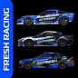 This may contain: two racing cars side by side with the words fresh racing written on each car's sides