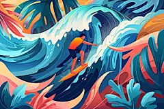 扁平风冲浪清新夏季插画
