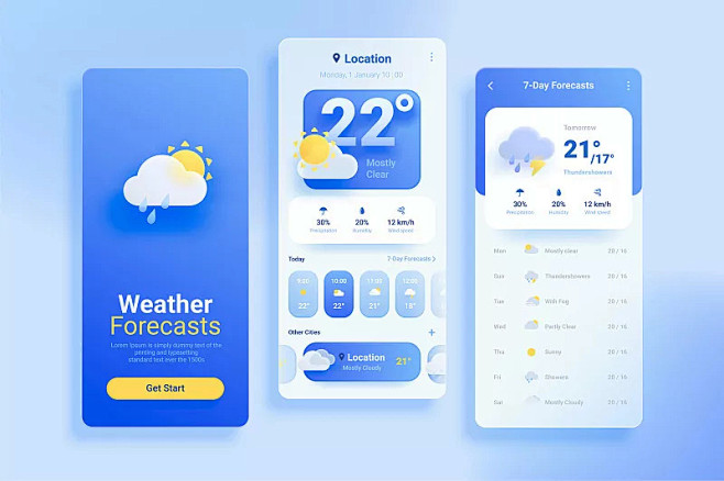 玻璃拟态UI界面设计 蓝色天气预报app...