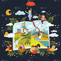 孩子们读一本童话故事的书