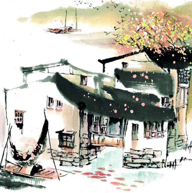 水乡建筑彩色水墨山水风景