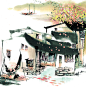 水乡建筑彩色水墨山水风景