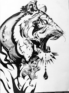 老虎，黑白线稿，【渣末自画】