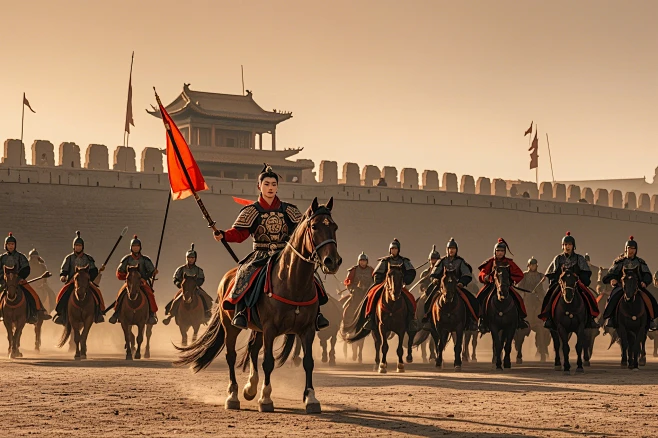 中国一位古代少年将军骑马领军，手拿长剑，带着士兵行军时候的场景，真人实拍，远景，背景城墙-花瓣网