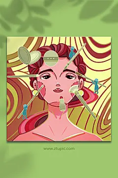 漫画风美女美容整形步骤人物插画