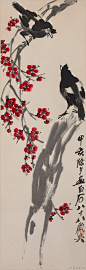 中国书画艺术：齐白石 作品《梅花八哥》--- 作品画面构图清新，张弛有度，梅枝、树干成垂直交叉之势，与落款书法的朴拙自然相得益彰。