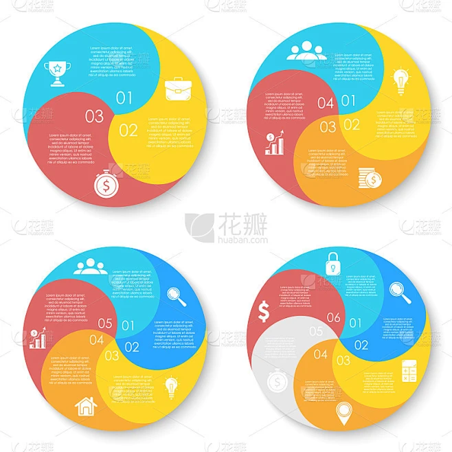 为圆形图，选项，网页设计，图形和圆形信息图设置模板。经营理念有3、4、5、6个要素，步骤，选项。素材-花瓣网