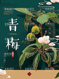 青梅卡通海报  - 源文件下载【酷图网】青梅卡通海报,金边青梅,墨绿色,远山,手绘青梅,