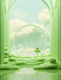 a cloud is near a stream and water, in the style of light green and light aquamarine, surrealist-inspired elements, whimsical settings, minimalist stage designs, rendered in cinema4d, pastoral nostalgia, psychedelic tableaux