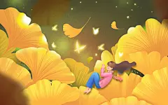 秋天插画唯美银杏叶秋分唯美女孩原创插画海报