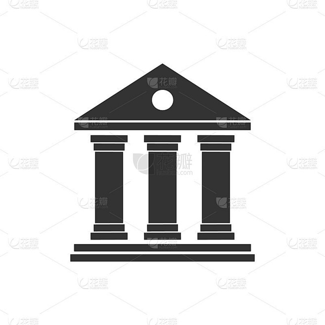 房子与柱子图标。政府、使馆、官方机构或机构悬挂旗帜的建筑物。矢量图