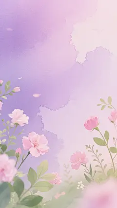 以粉紫色为主色调，柔和渐变的背景，点缀着粉色的花朵和绿色的叶子等自然植物元素，整体画面呈现出朦胧、梦幻的氛围，采用水彩晕染的纹理材质，色彩过渡自然柔和，营造出清新浪漫的感觉。