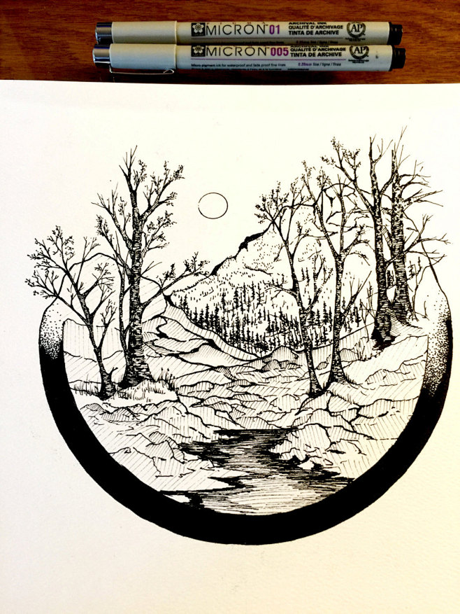 手绘黑白画线描针管笔将自然风景画进几何的艺术来自插画师derekmyers