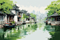 江南水乡插画绘画图片