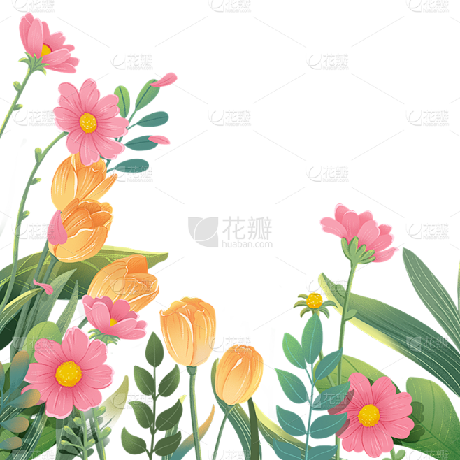 春天春日氛围感插画花卉植物边框元素素材