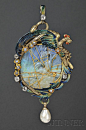 Fine Art Nouveau 18kt Gold, Carved Opal, Enamel, Pearl, and Diamond Pendant: 