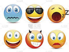蓝眼睛的笑脸，表情包。黄脸带着情绪。面部表情。3 d现实emoji。伤心,高兴,生气的脸。有趣的卡通