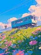 mantou0539_metro_on_the_tracks_surrounded_by_flowers_on_top_gre_7c41a511-3288-4124-834c-d0f11d802172