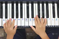 小男孩用手在电子钢琴或键盘上弹奏音乐