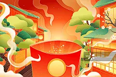 卡通虎年新年春节元旦传统亲子家人年货古建筑中国风国潮矢量插画正版高清图片下载-视觉中国VCG.COM