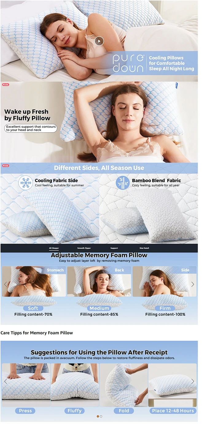 Amazon.com: puredown 枕头大号尺寸 2 件套,碎记忆海绵枕头,睡眠用冷却泡沫枕头,软床枕头大号尺寸,侧面、背部和腹部睡眠者 ...