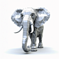 elephant ， White background ， 3D Style ， Exquisite and magnificent masterpieces ， Quadrilateral continuity ，