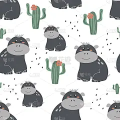无缝背景可爱的河马。壁纸以装饰为载体，适用于儿童服装、室内设计、包装、印刷。