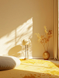A light yellow carpet covers the floor, creating a bright and clean living room scene. Warm sunshine shines through the window, illuminating the interior of the home. An empty table lamp sits next to the carpet, with the sunlight casting soft shadows onto