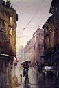 Dusan Djukaric   "Rain washed street",  Watercolor 38x56 cm