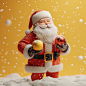 3D rendering of a santa claus standing in the snow holding christmas balls, golden background, bright and neutral christmas theme
