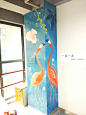 火烈鸟 原创 墙绘 蓝色 红色 小清新 晰牧 一室一画 彩绘 办公室 休闲 