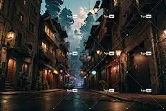Ai产生的 路 市中心 历史中心 人行道视图 建造 未来派 结构