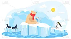冬天的冰，北极熊，海水，北方自然，两头动物冰山，北极变暖，设计，风格卡通矢量插图。