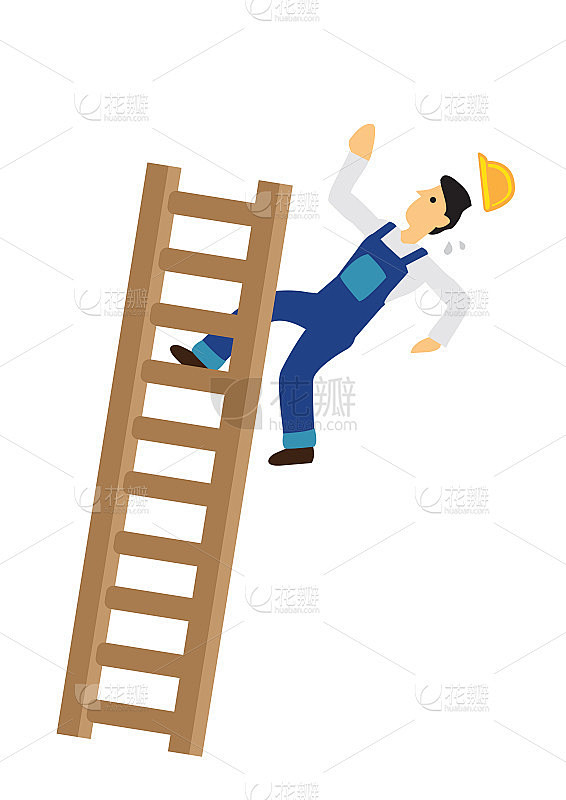 建筑工人从梯子上摔下来。工伤事故的概念。