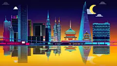 免注册|免会员 - 未来科技科幻霓虹灯渐变绚丽城市建筑夜景灯光插画AI/PSD设计素材