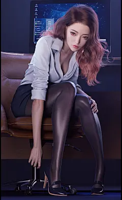 General 1832x3000 Yan Zheng CGI bent over pantyhose office girl monitor portrait display sitting looking at viewer long hair brunette brown eyes bent legs high heels women women indoors rolled sleeves office chair cleavage closed mouth Asian